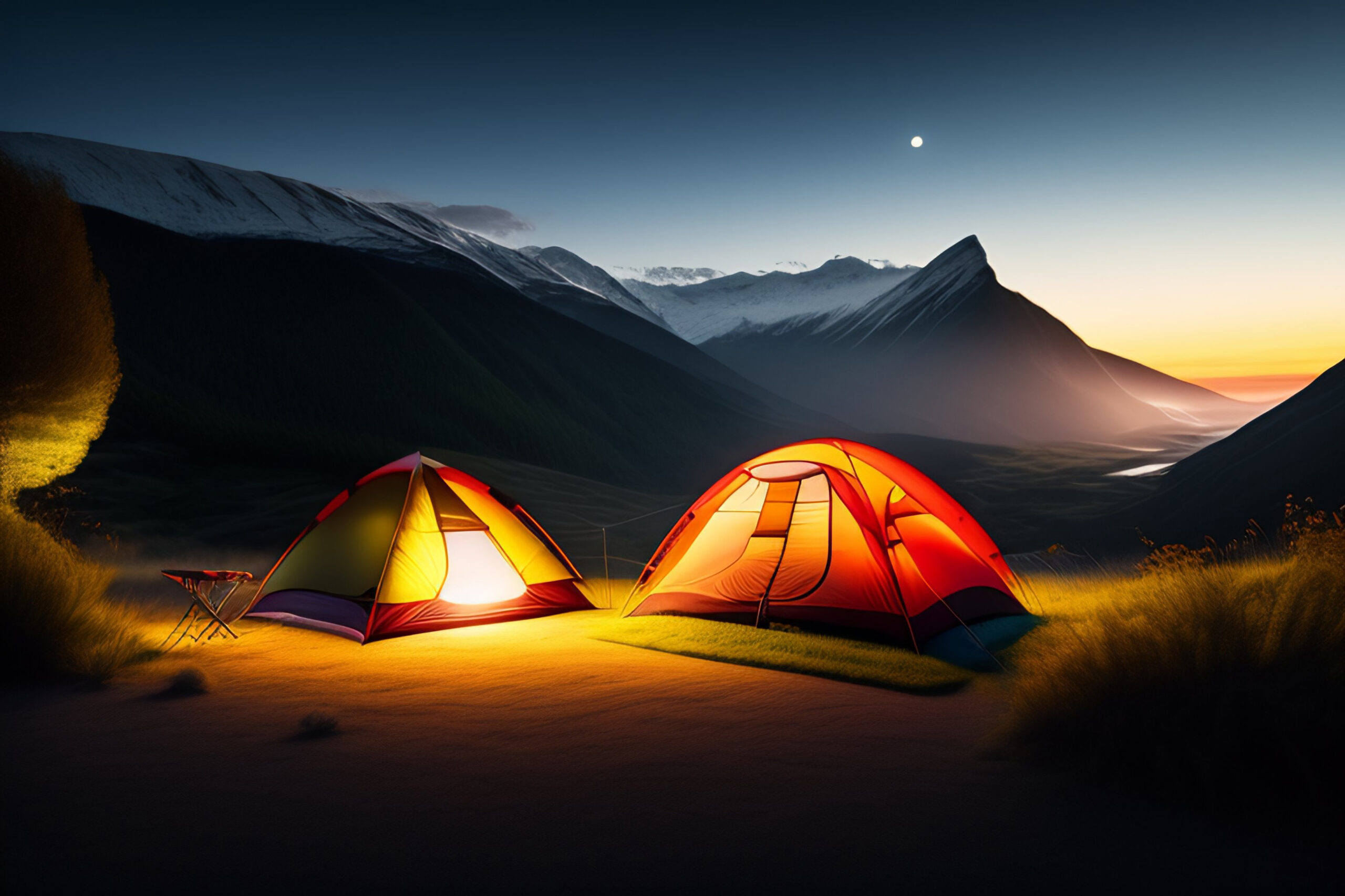 tent is lit up mountains night